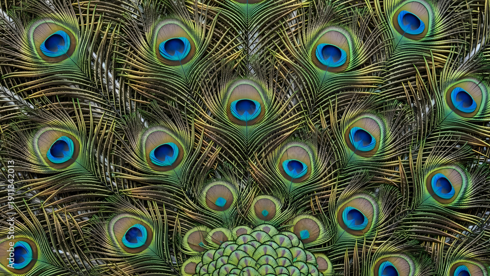Fototapeta premium Close-up Peacock Feather Fan Pattern, Eye Detail, Vibrant Blue and Green