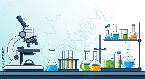 Modern laboratory setup with microscope and colorful chemical equipment
