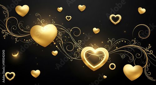 Elegant Golden Hearts and Ornamental Filigree on Luxury Black Background for Valentine's Day Branding
