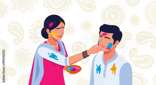 Couple celebrating Holi festival applying color powder to each others faces vector illustration with traditional Indian patterns