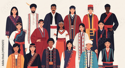 Diverse group of people in traditional ethnic clothing representing cultural heritage and unity illustration for global community and divers