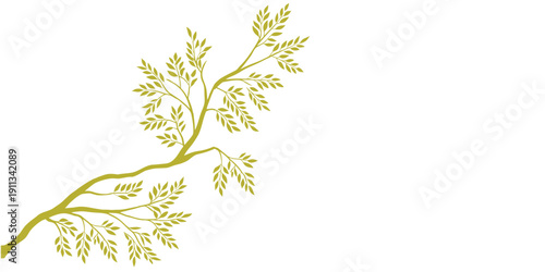 Elegant gold botanical branch illustration isolated on white background. Minimalist floral line art with delicate leaves and stems.