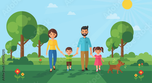 Happy Family Walking in Green Park Lifestyle Vector