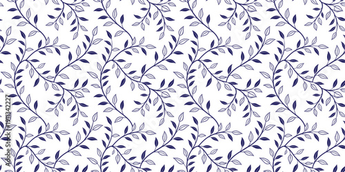 Seamless blue floral vine pattern with delicate swirling leaves. Elegant botanical repeating background ideal for wallpaper, textile, packaging, and surface design. Classic ornamental texture for mode