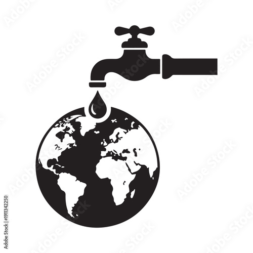 A symbolic representation of a water faucet dripping onto the earth highlighting water conservation