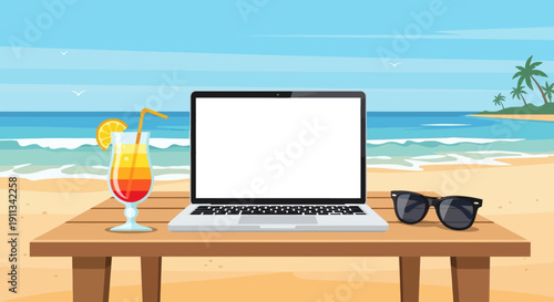 Digital Nomad Remote Work on Beach Vacation Vector