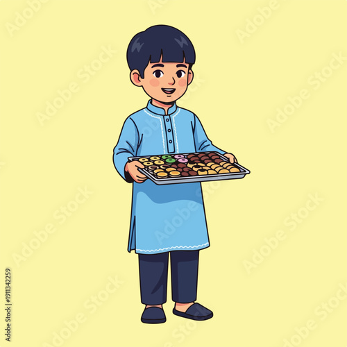 Young boy in blue kurta holding a tray of assorted sweet pastries