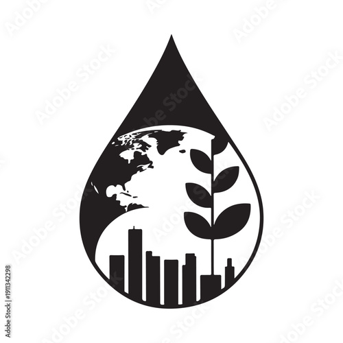 A symbolic black and white image depicting earth within a droplet alongside foliage and a cityscape