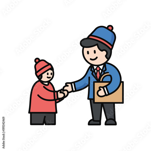 Postal worker handing package to smiling kid in winter clothes