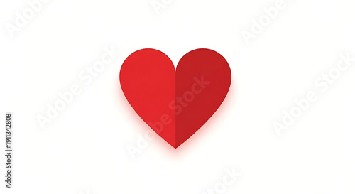 Minimalist Red 3D Heart Icon with Shadow and Fold Isolated on White Background for Modern Romantic Design