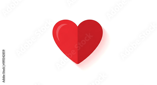 Minimalist Red 3D Heart Icon with Shadow and Fold Isolated on White Background for Modern Romantic Design