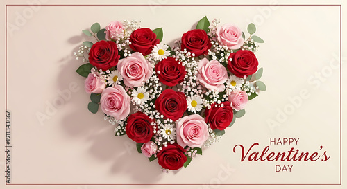 Elegant Heart Shaped Floral Bouquet of Red and Pink Roses with White Daisies for Valentine's Day Greeting
