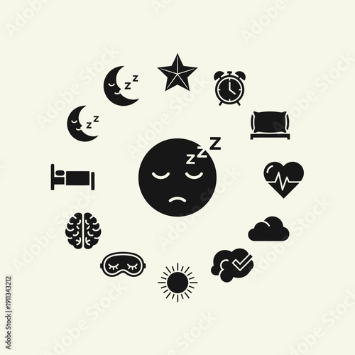 A circular arrangement of icons representing sleep and well-being, centered around a sleeping face.