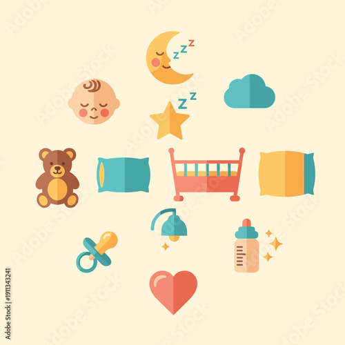 A collection of cute flat icons representing baby items and concepts, including a crib, teddy bear, pacifier, and sleeping moon.