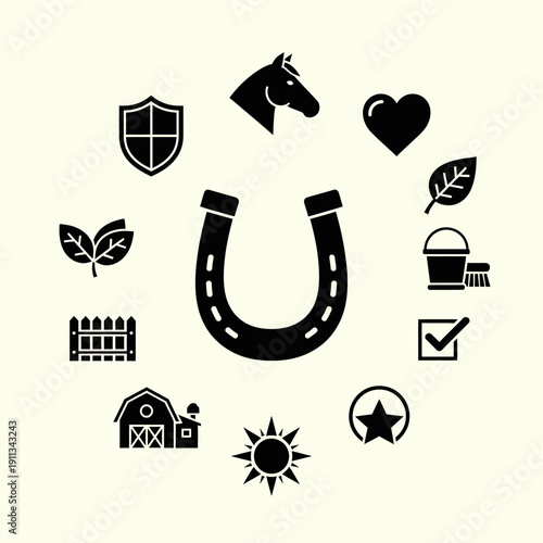 A horseshoe is at the center of a circular arrangement of icons representing farming, nature, and care.