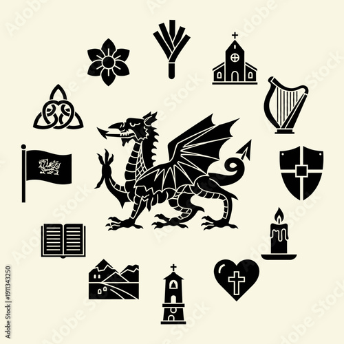 A central black dragon illustration surrounded by various Welsh cultural symbols including a flag, harp, leek, and religious icons.