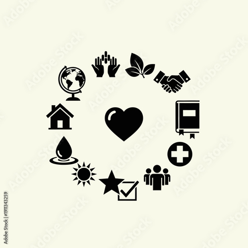 A circular arrangement of icons representing various aspects of life and society, centered around a heart symbol.