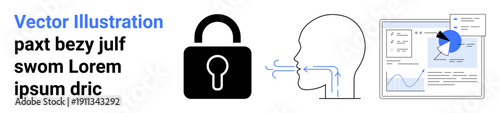 Online security, data privacy, user authentication, data protection, analytics, technology. A locked padlock, user silhouette and analytics chart. Cybersecurity and data privacy concept