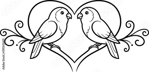 Romantic lovebirds line art illustration with heart shape, decorative swirls, symmetrical birds design for wedding, valentine, and coloring page use