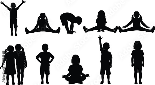 Silhouette set of diverse children playing, stretching, sitting, and standing poses isolated for education, activity, and childhood development concepts illustration