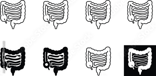 Human intestine icon collection vector illustration digestive system anatomy medical outline and solid variations set