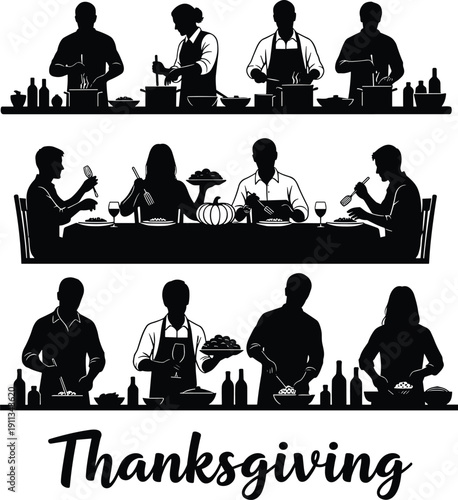 Thanksgiving family dinner silhouettes cooking, serving, and gathering around festive table celebrating gratitude, harvest tradition, and holiday meal together illustration