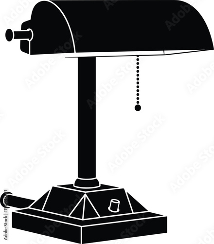 Vintage desk lamp silhouette with pull chain and classic base design representing retro lighting, workspace decor, and office illumination illustration