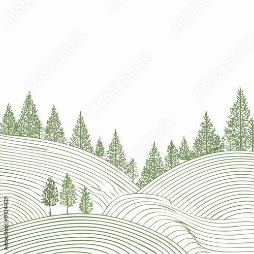 Idyllic undulating natural landscape in a crisp line art style, featuring lush evergreen trees and peaceful contours