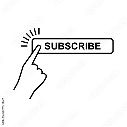 Subscribe Button Click Line Icon – Hand Pressing Subscribe Label, Call to Action UI Outline Vector Illustration