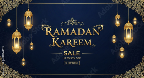 Ramadan kareem sale banner with golden lanterns on dark blue background for shopping promotions