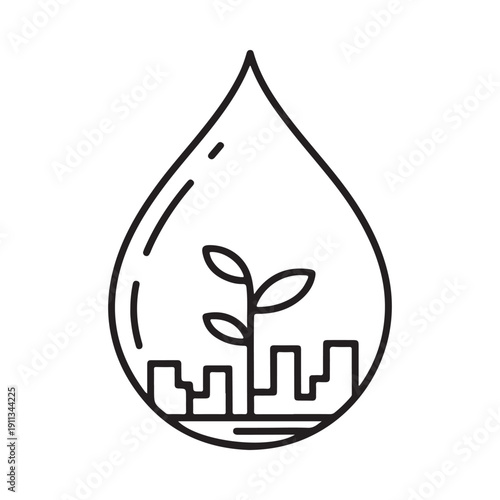 A single line art illustration depicting a water droplet containing a growing plant inside