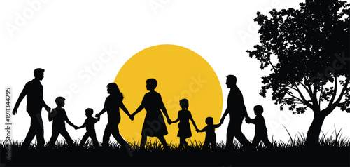 Black Silhouette of Big Family Holding Hands Walking in Park at Sunset with Tree and Grass for Summer Nature Background