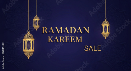 Ramadan kareem sale banner with golden lanterns on dark blue background for promotions