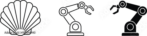 Industrial robotic arm and seashell icon set vector illustration minimal outline and solid design collection