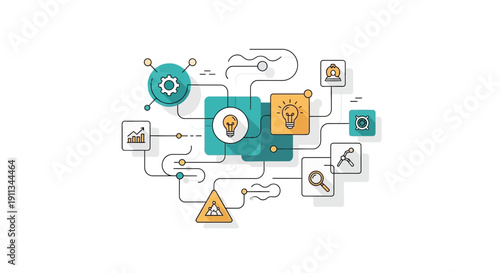Digital Network Diagram with Icons and Connections.