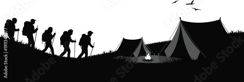 Black silhouette of hikers with backpacks walking past camping tents and campfire on mountain hill landscape isolated on white background