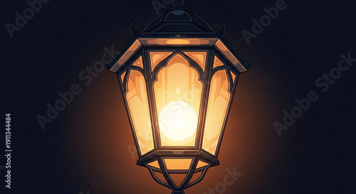 Vintage lantern light fixture with warm glow hanging outdoor lamp post at night