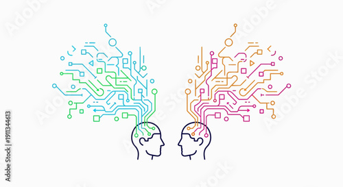 Human Heads with Circuit Board Brain.