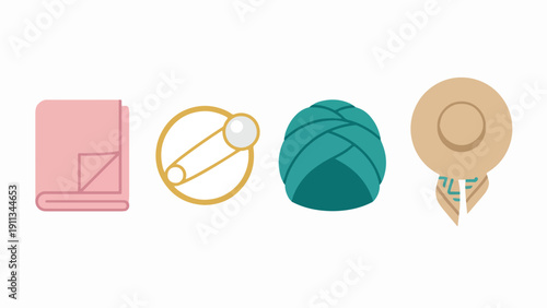 Modest Fashion Hijab and Scarf Accessory Icon Set, Muslim Women Headwear Pin Turban Collection