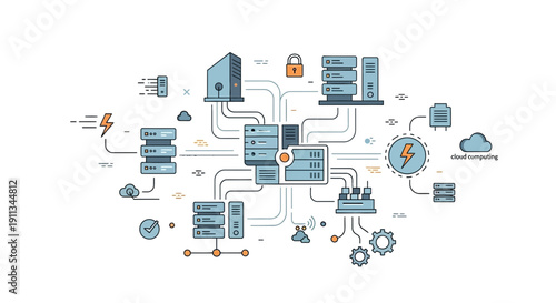 Complex Network Diagram with Various Icons and Connections.