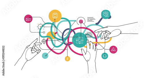 Hands Interacting with Digital Network Diagram.