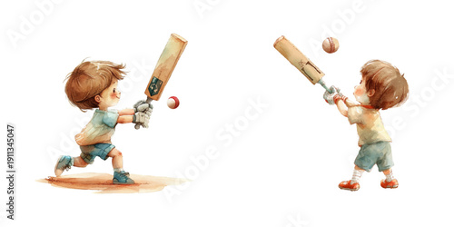cute kid playing cricket watercolor vector illustration