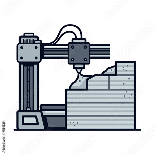 3D Concrete Printer Arm Constructing a Wall for Modern Automation in Architecture Flat Vector Illustration