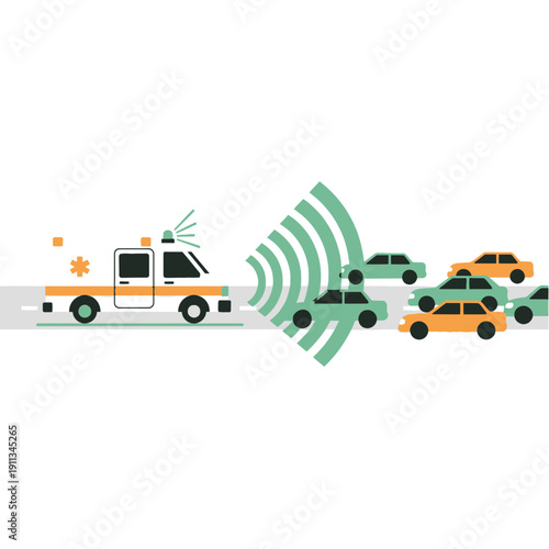 Emergency Ambulance Vehicle Bypassing Traffic with Green Wave Smart Signal Tech Flat Vector Illustration