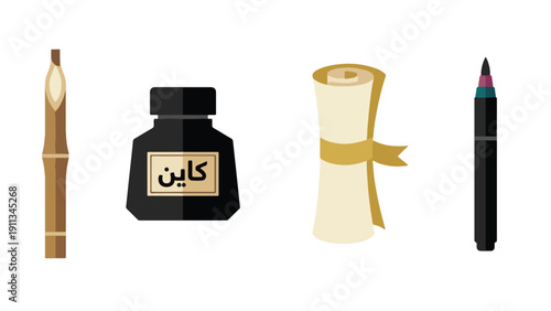 Arabic Calligraphy Art Tool and Supply Set, Qalam Pen Ink Paper Brush Collection