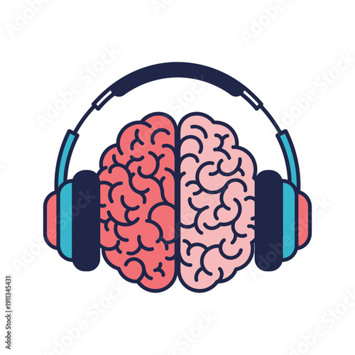 Human Brain Wearing Headphones for Auditory Learning Style and Education Concept Flat Vector Illustration