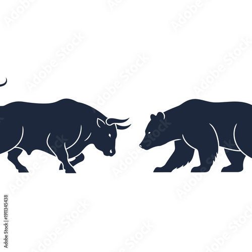 Bull and Bear Silhouettes Facing Each Other for Stock Market Trading Battle Concept Flat Vector Illustration