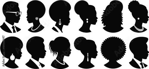 Collection of African American profile silhouettes featuring diverse hairstyles and accessories for black history month identity and community representation concepts