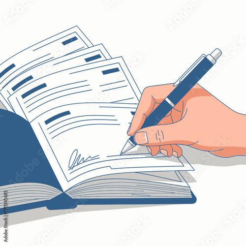 Bank Cheque Book with Pen Signing Signature for Business Payment and Finance Flat Vector Illustration