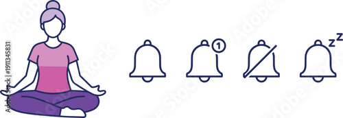 Meditation woman with notification bell icons vector illustration mindfulness and alert settings concept